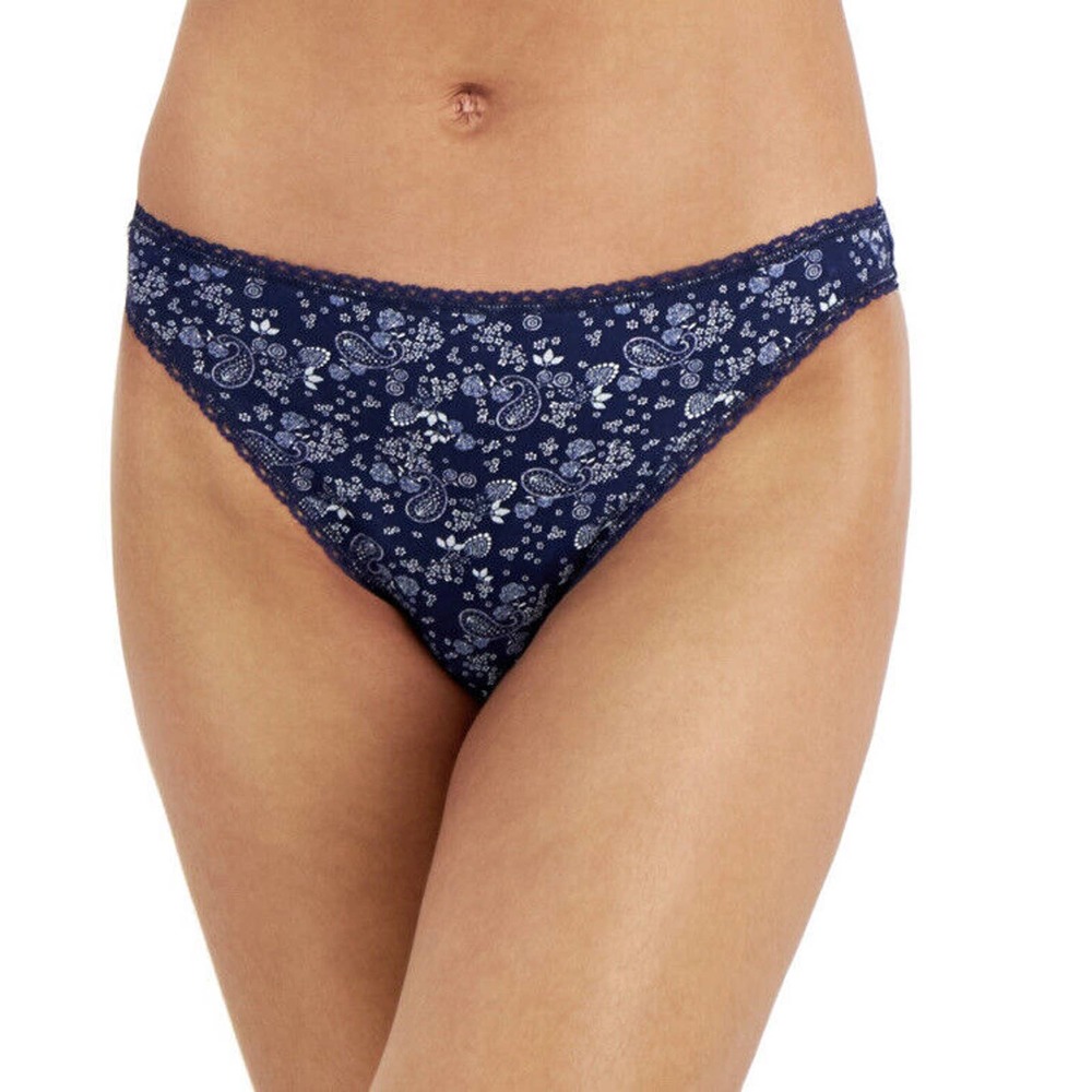 New Charter Club Sz XXL Cotton Lace Trim Thong Panty Blue Flowers NWT